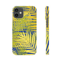 Printify sustainable slim phone cover with yellow and green tropical leaf pattern for iPhone