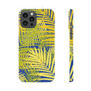 Printify sustainable slim phone cover with yellow and blue tropical leaf design for iPhone