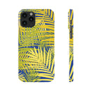 Printify sustainable slim phone cover with yellow and blue tropical leaf design for sleek protection