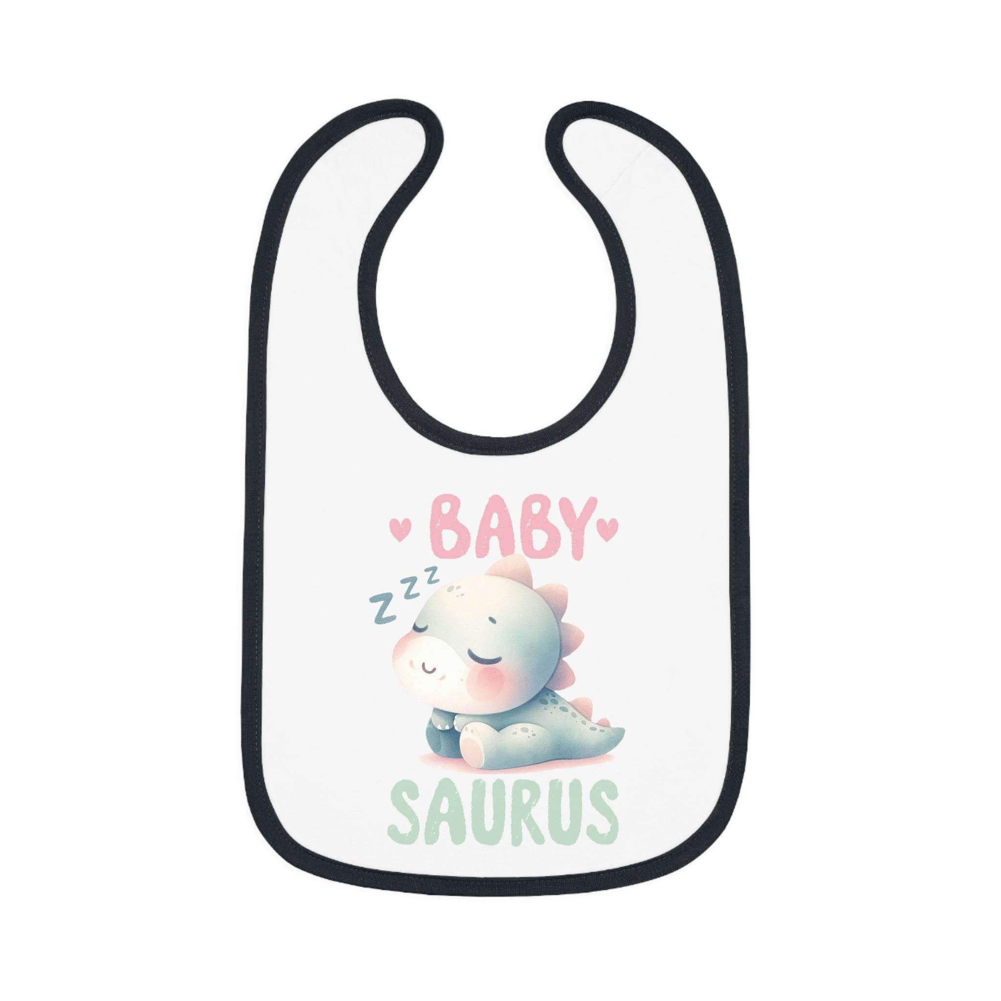 White baby bib with black trim featuring a cute sleeping dinosaur and text baby saurus dinosaur print baby bib