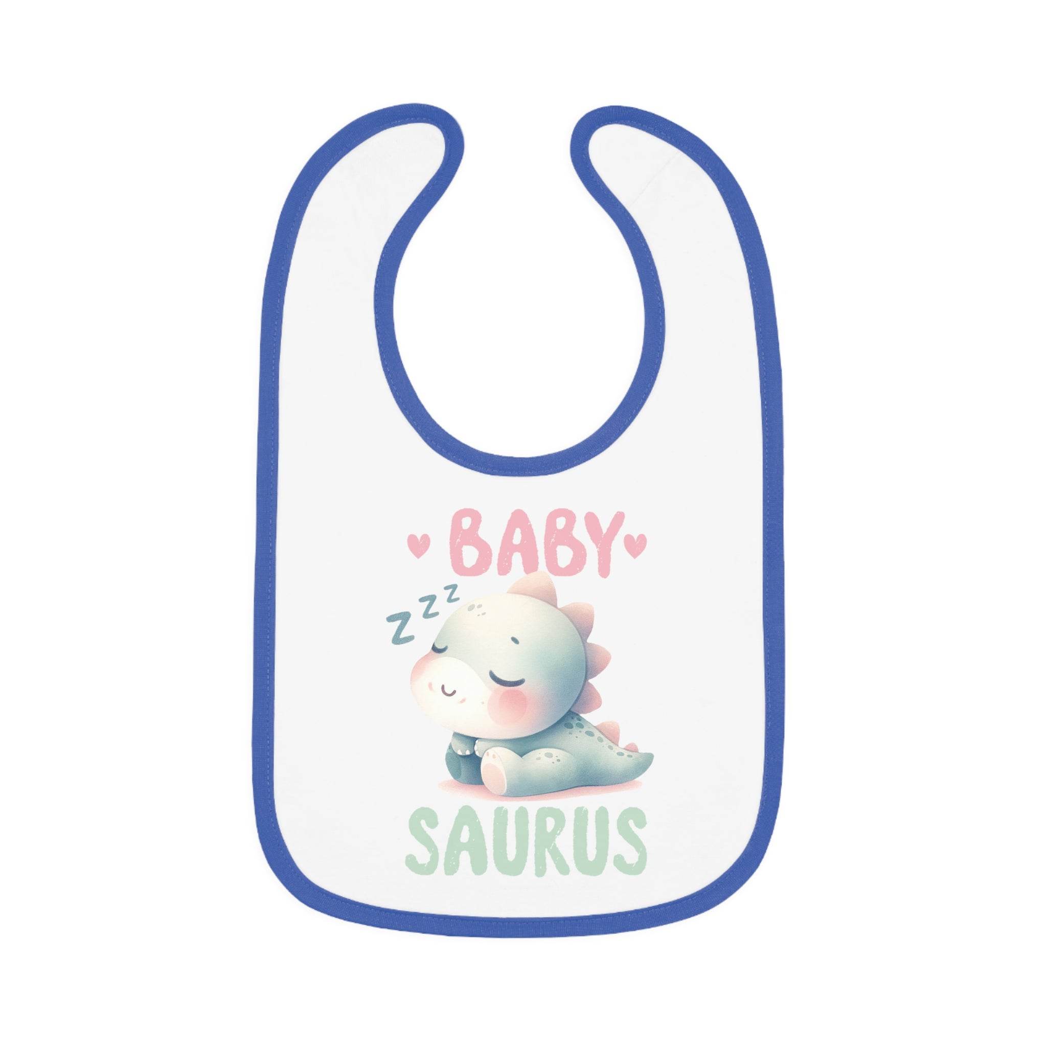 Printify dinosaur print baby bib with cute sleeping baby dinosaur and colorful text design