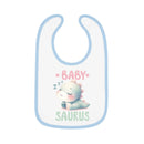 White dinosaur print baby bib with blue trim featuring a sleeping baby dinosaur and text baby saurus