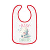 Printify dinosaur print baby bib with cute sleeping baby dinosaur and red trim