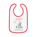 Printify dinosaur print baby bib with cute sleeping baby dinosaur and red trim