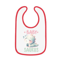 Printify dinosaur print baby bib with cute sleeping baby dinosaur and red trim