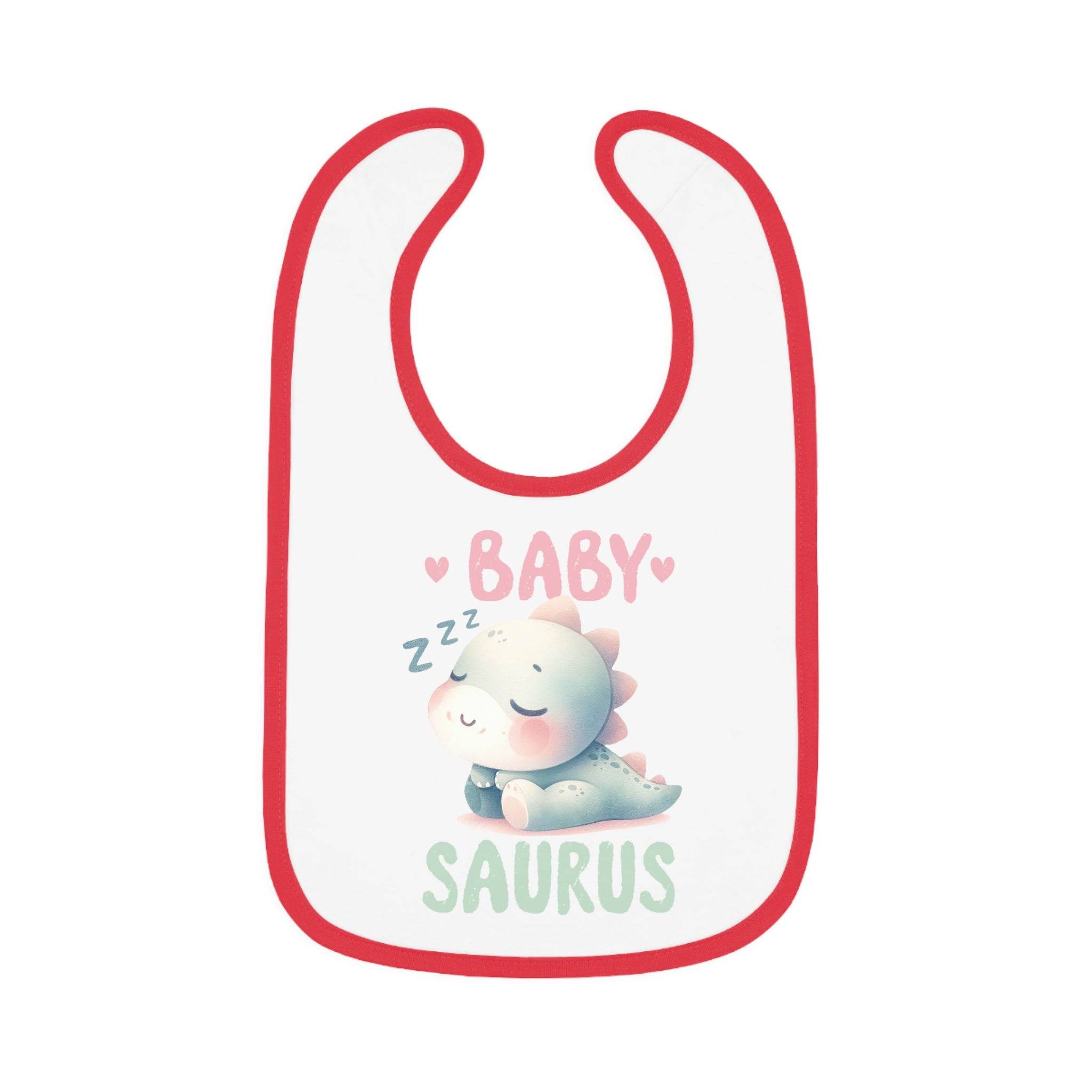 Printify dinosaur print baby bib with cute sleeping baby dinosaur and red trim