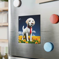 Square dog fridge magnet with a white dog wearing a red tie standing in a sunflower field
