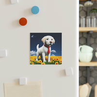 Dog fridge magnet square with a white dog wearing a red tie standing in a sunflower field on a refrigerator