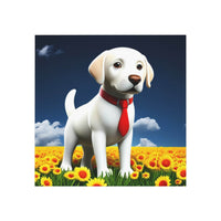 Dog fridge magnet square featuring a white dog with a red tie standing in a sunflower field under a blue sky