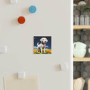 Square dog fridge magnet square with cartoon puppy in red tie on sunflower field background