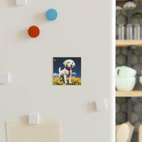 Square dog fridge magnet square with cartoon puppy in red tie on sunflower field background