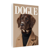 Printify canvas showing a stylish brown dog portrait titled DOGUE in coat and turtleneck eco-friendly dog art print