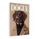 Printify canvas eco-friendly dog art print of a chocolate brown dog wearing camel coat and black turtleneck with DOGUE title