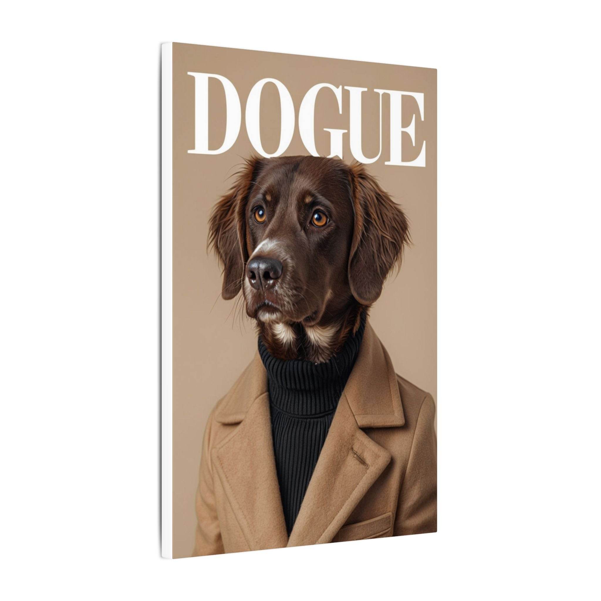 Printify canvas eco-friendly dog art print featuring a brown dog in tan coat and black turtleneck under DOGUE title