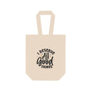 Printify beige double wine tote bag with I deserve all good things text design