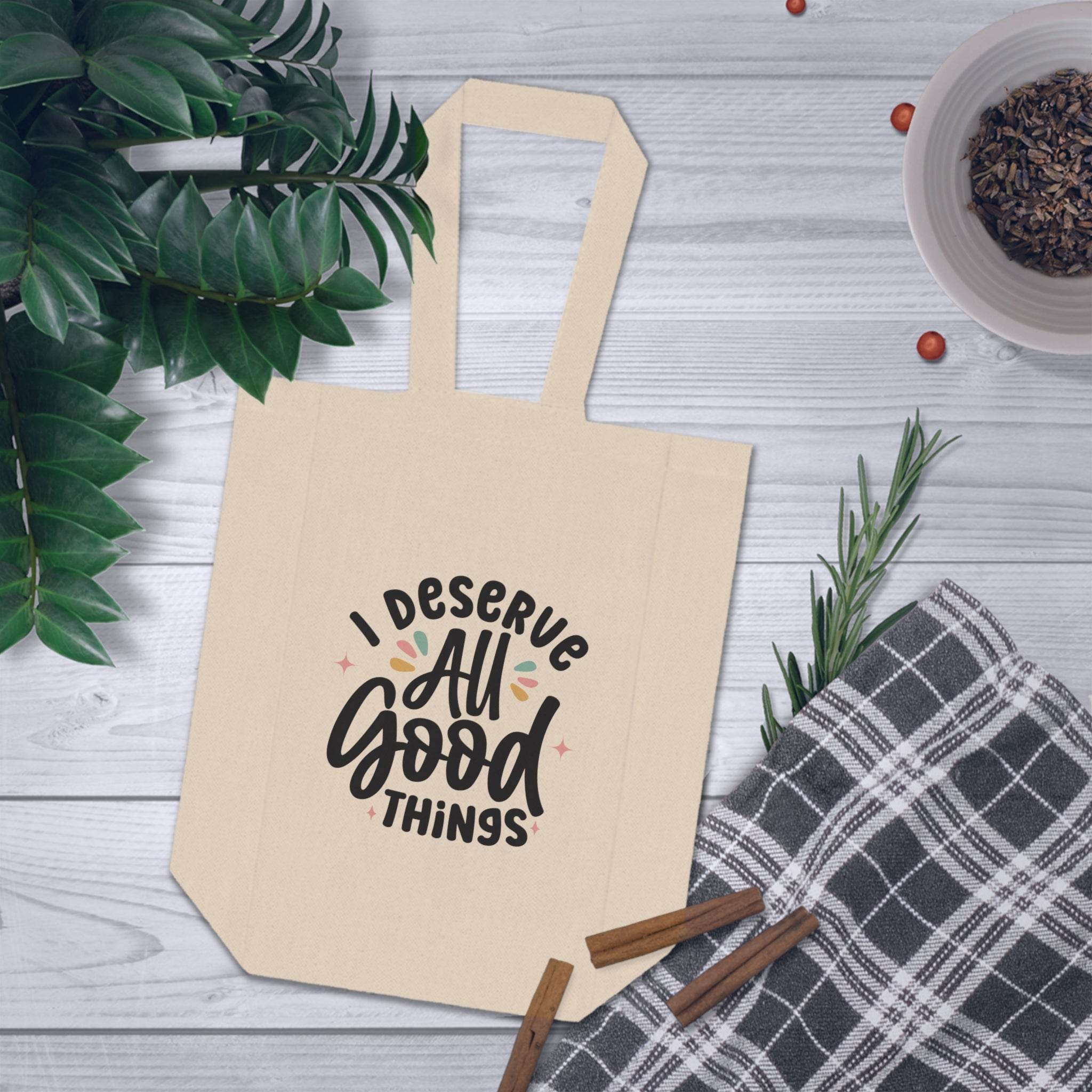 Printify beige double wine tote bag with I deserve all good things text and long handles