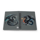 Open sustainable spiral bound journal by Printify featuring artistic black and blue dragons illustration