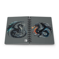Open sustainable spiral bound journal by Printify featuring artistic black and blue dragons illustration