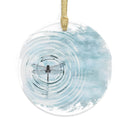 Printify dragonfly christmas ornament with a dragonfly on rippling water design and gold hanging ribbon