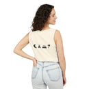 Printify eco-friendly unisex tank top cream back view with minimalist black camping graphic on model