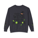 eco-friendly witch sweatshirt Printify charcoal crewneck with This Witch Prefers Mojitos lime slices and mint leaves design