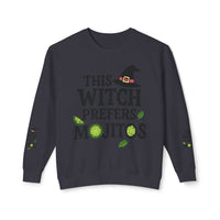 eco-friendly witch sweatshirt Printify charcoal crewneck with This Witch Prefers Mojitos lime slices and mint leaves design