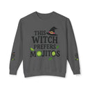 Printify eco-friendly witch sweatshirt gray crewneck with This Witch Prefers Mojitos text witch hat and lime slice graphics