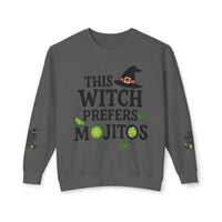 Printify eco-friendly witch sweatshirt gray crewneck with This Witch Prefers Mojitos text witch hat and lime slice graphics