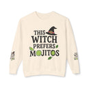 Printify eco-friendly witch sweatshirt cream crewneck with This Witch Prefers Mojitos graphic lime slices and mint