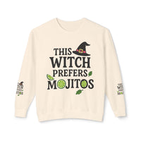 Printify eco-friendly witch sweatshirt cream crewneck with This Witch Prefers Mojitos graphic lime slices and mint