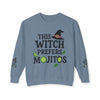 eco-friendly witch sweatshirt light blue crewneck with This Witch Prefers Mojitos graphic lime and mint