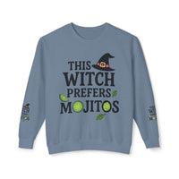 eco-friendly witch sweatshirt light blue crewneck with This Witch Prefers Mojitos graphic lime and mint