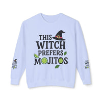 Light blue sweatshirt This Witch Prefers Mojitos print with witch hat lime and mint leaves eco-friendly witch sweatshirt