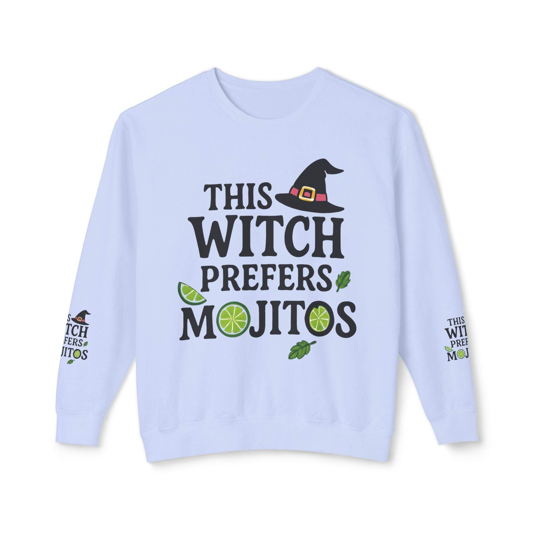 Light blue sweatshirt This Witch Prefers Mojitos print with witch hat lime and mint leaves eco-friendly witch sweatshirt