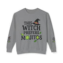 Printify eco-friendly witch sweatshirt gray crewneck with This Witch Prefers Mojitos lime and mint design