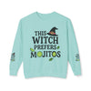 Printify eco-friendly witch sweatshirt in mint green with This Witch Prefers Mojitos front print and sleeve art