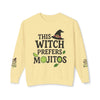 eco-friendly witch sweatshirt cream crewneck with This Witch Prefers Mojitos design lime slices mint leaves and witch hat