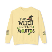 eco-friendly witch sweatshirt cream crewneck with This Witch Prefers Mojitos design lime slices mint leaves and witch hat