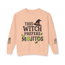Printify eco-friendly witch sweatshirt peach crewneck with This Witch Prefers Mojitos design lime slices and witch hat
