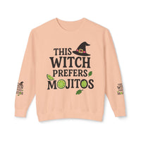 Printify eco-friendly witch sweatshirt peach crewneck with This Witch Prefers Mojitos design lime slices and witch hat