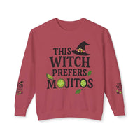 Printify eco-friendly witch sweatshirt maroon crewneck with witch hat This Witch Prefers Mojitos design lime and mint graphics