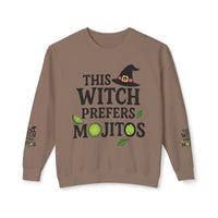 eco-friendly witch sweatshirt brown crewneck with This Witch Prefers Mojitos print lime slices and witch hat