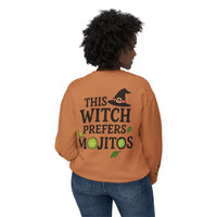 Printify eco-friendly witch sweatshirt in burnt orange with back This Witch Prefers Mojitos print lime and mint accents