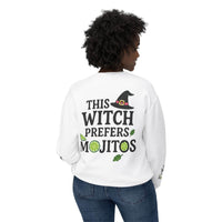 Printify eco-friendly witch sweatshirt white back print reads This Witch Prefers Mojitos with witch hat and lime slices