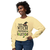 Printify eco-friendly witch sweatshirt in pale yellow featuring This Witch Prefers Mojitos text lime slices and witch hat