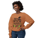 eco-friendly witch sweatshirt brown crewneck modeled wearing This Witch Prefers Mojitos print with lime and hat motifs