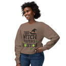 Model wearing eco-friendly witch sweatshirt brown crewneck with This Witch Prefers Mojitos lime and hat graphics