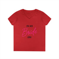 Red V neck eco-friendly bride t-shirt with pink script In my Bride era print