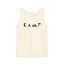 Printify cream eco-friendly unisex tank top with minimalist black camping icons of moon teepee mountains and axe