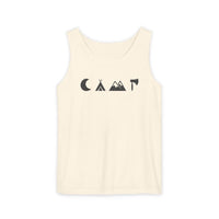 Printify cream eco-friendly unisex tank top with minimalist black camping icons of moon teepee mountains and axe